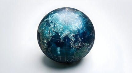 A futuristic globe displayed against a white background. World illustration on a white background. globe, environmental responsibility.  Fantasy relistic model of Earth sphere