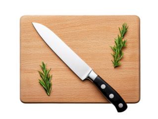 Black Chef's Knife Next to Fresh Thyme on Wooden Cutting Board
