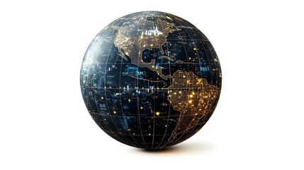 A futuristic globe displayed against a white background. World illustration on a white background. globe, environmental responsibility.  Fantasy relistic model of Earth sphere