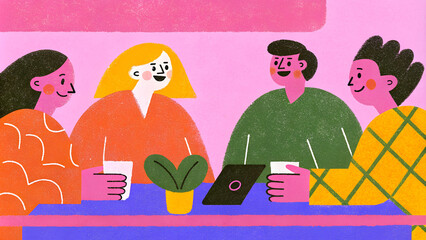 team working together, brainstorming, discussing ideas for project. People meeting at desk in office. illustration for co-working, teamwork, workspace concept