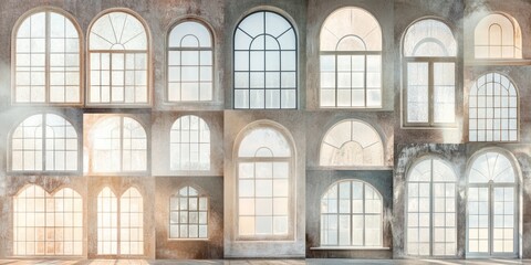 Obraz premium A collection of decorative windows showcasing various designs and shapes in a modern setting.