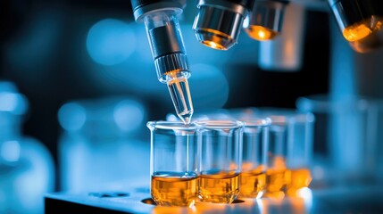 Close-Up View of a Micropipette Transfering Liquid into Test Tubes in a Laboratory Setting with Blue Lighting and Scientific Equipment