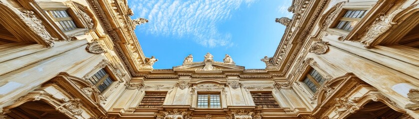 Fototapeta premium A low-angle view of ornate architecture against a blue sky.