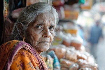 Obraz premium Medium-close of an elderly Indian woman with a gentle expression, dressed in traditional attire, choosing snacks at a quiet train station store, soft morning light 1