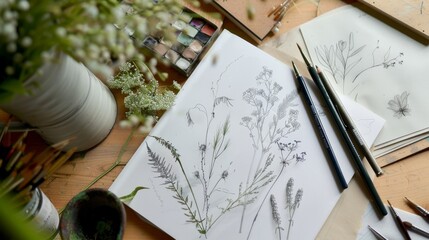 A serene botanical sketching class with sketchbooks and art tools, Artists capturing flora in detail, Nature-inspired artistic style