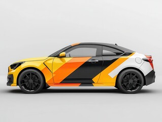 Sporty coupe with vibrant geometric wrap design
