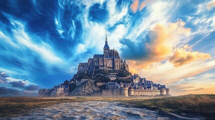 Majestic Mont Saint-Michel Rising Against a Dramatic Sky with Vibrant Clouds, Illuminating the Rich History and Scenic Beauty of this Iconic French Island