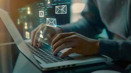 A person typing on a laptop with digital icons representing communication and data.