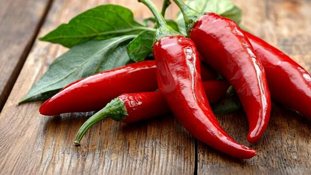 Red chili peppers with green leaves sit on a wooden surface