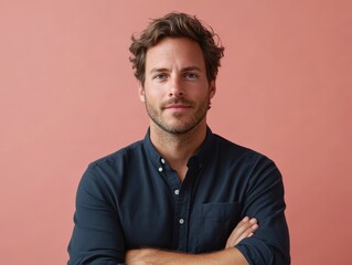 Obraz premium Confident man with arms crossed on pink background 