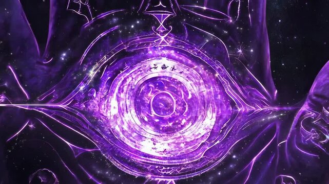 Hand glows with vibrant purple light, revealing cosmic symbols and a mystical eye at its center, set against a starry backdrop
