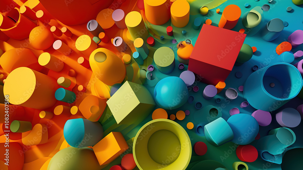 Poster abstract background with colorful 3d shapes scattered in geometric composition