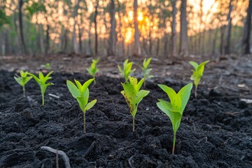 Hopeful scene of young saplings sprouting amid scorched earth, vibrant greens contrasting dark soil, soft sunset light illuminating new growth in forest 2
