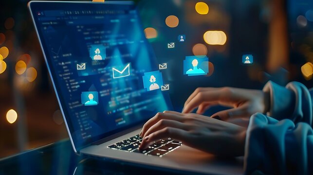 A person typing on a laptop with digital communication icons floating above, symbolizing online interaction.