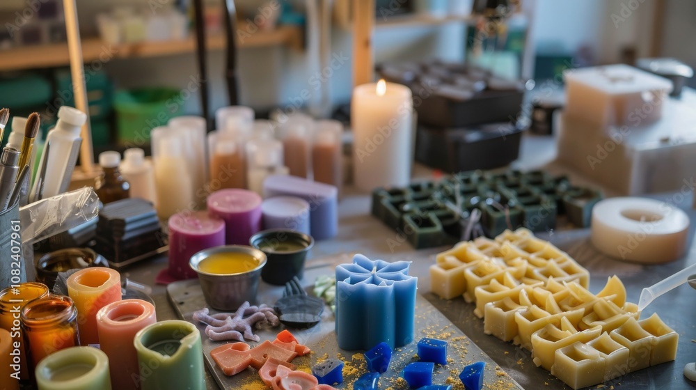 Poster a serene candle-making studio with wax and molds, featuring a tranquil workspace with candle molds, 