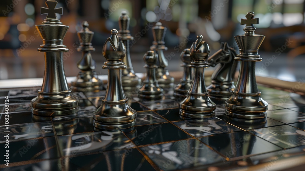 Poster a serene chess playing area with a beautifully crafted chessboard, chess pieces set up for a game, c
