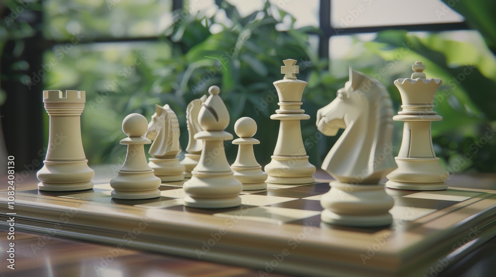 Poster a serene chess playing area with a beautifully crafted chessboard, chess pieces set up for a game, c