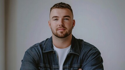 Obraz premium Confident Young Businessman with Arms Crossed, Displaying Professionalism and Self-Assuredness in Isolated Portrait Against Soft Background