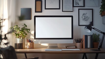 A minimalist workspace featuring a blank computer screen and decorative plants.