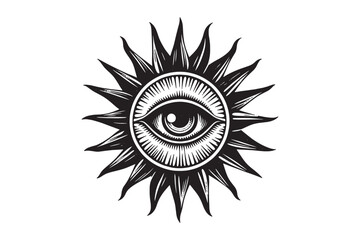 Sun with an eye. All-seeing eye. Isoteric, occult, magical vector illustration. vintage black engraving, emblem, logo. tattoo sketch, print