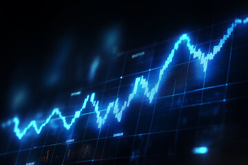 A stock market graph and financial data displayed on a digital screen with a city background. business concept photography. Digital art illustrations.

