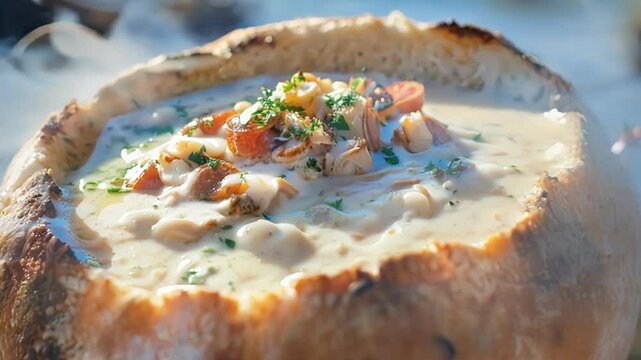 Savor a steaming sourdough bread bowl of creamy new england clam chowder by the beach, filled with fresh seafood and potatoes, perfect for a seaside meal