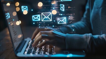 Fototapeta premium A person typing on a laptop with digital email icons floating above, symbolizing communication.