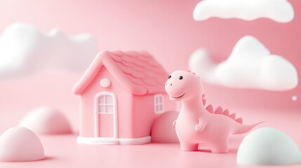 A pink dinosaur stands next to a pink house with white clouds in the background