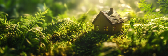 Naklejka premium Little wooden house on the grass. Eco-friendly house concept. Real estate investment concept.