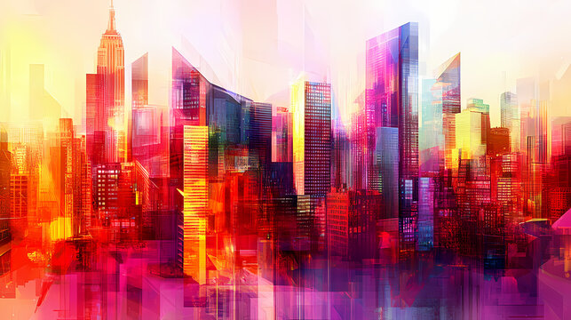 Abstract cityscape in vibrant hues: geometric, ai-generated cityscape with bold colors and abstract elements. Futurity. Illustration