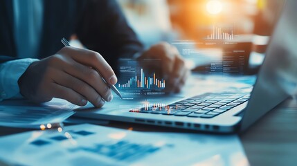 A professional working on a laptop, analyzing data with charts overlay. The scene embodies modern business strategy, technology, and innovation under a warm ambient light.