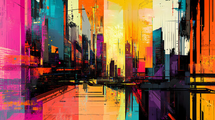 Abstract cityscape in vibrant hues: geometric, ai-generated cityscape with bold colors and abstract elements. Futurity. Illustration