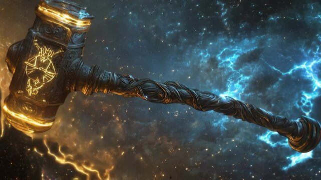 Magical war hammer with glowing runes floats in space, surrounded by a dramatic backdrop of lightning strikes illuminating the cosmic scene. Energy radiates from the mystical weapon