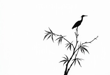 Obraz premium Zen Inspired Black Ink Wash Art: Minimalist Heron and Bamboo Leaves on White Canvas 