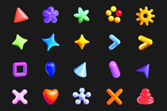 3d vector set Colorful abstract shapes in various shapes and shades, featuring playful design elements for art projects.