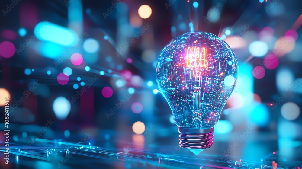 Wall mural vibrant digital representation of innovation, featuring a glowing light bulb amidst dynamic neon-ton