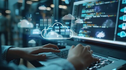 A person typing on a laptop with cloud computing and data visualization elements displayed.