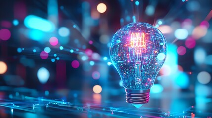 Vibrant digital representation of innovation, featuring a glowing light bulb amidst dynamic neon-toned technological elements, symbolizing ideas and futuristic advancements.