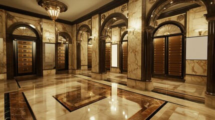 Obraz premium A luxurious hallway with marble floors and ornate archways leading to secure vault doors.
