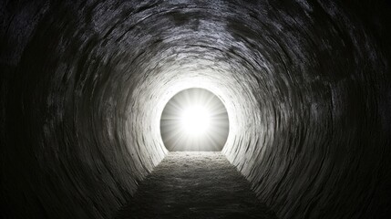 A bright light shines at the end of a dark tunnel.