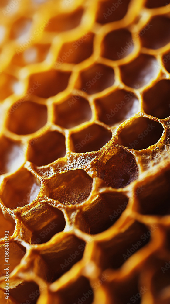 Poster Macro image revealing the intricate hexagonal structure of a honeycomb, filled with golden nectar