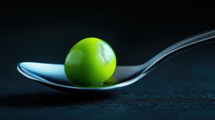 Futuristic metallic spoon with a glowing green digital pea, showcasing fine holographic details against a dark minimalist background, presenting a high-tech food concept.
