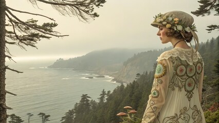 woman in dress on rock by sea