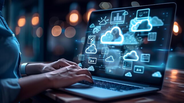 A person using a laptop with cloud computing icons and data visualizations.