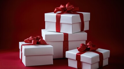 Obraz premium Four Elegant Gift Boxes with Red Ribbons on a Rich Red Background, Perfect for Holiday Celebrations, Birthdays, and Special Occasions