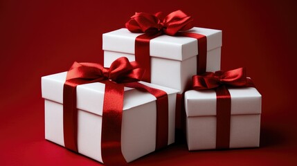Obraz premium Three Elegant White Gift Boxes with Red Ribbons Arranged on a Rich Red Background Perfect for Celebrations, Birthdays, or Holiday Gifting Themes