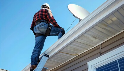 Rooftop Technician. Worker in safety gear on a ladder installing a satellite dish on a roof.