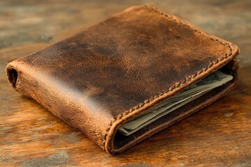 Leather wallet full of dollar bills resting on wooden table