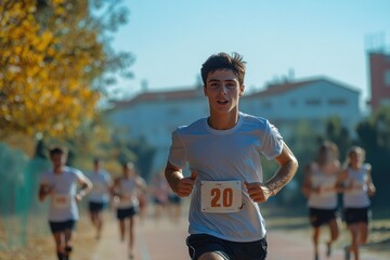 Young athlete running marathon on athletics track