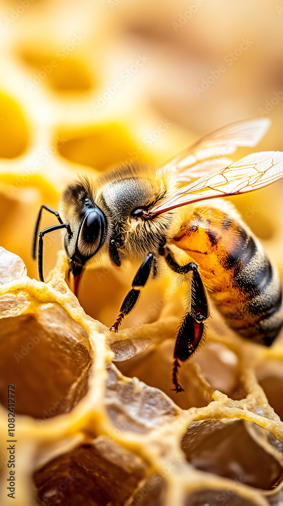 Poster busy honey bee works on honey in a honeycomb, with vibrant yellow hues and intricate wax structure. 
